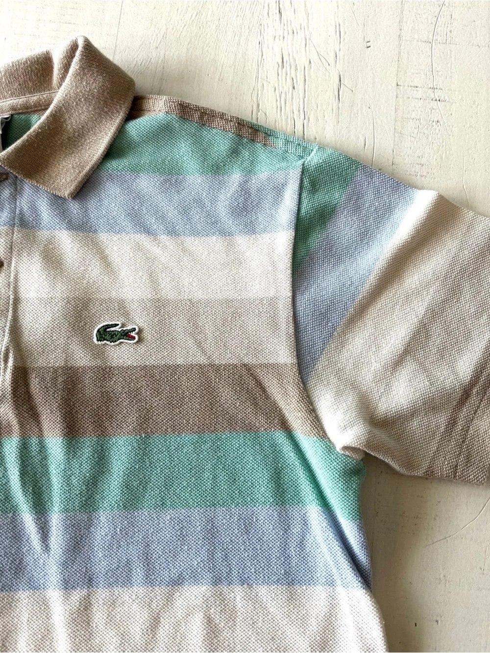 Vintage kids Lacoste Striped Polo in Mint, Light Blue & Taupe